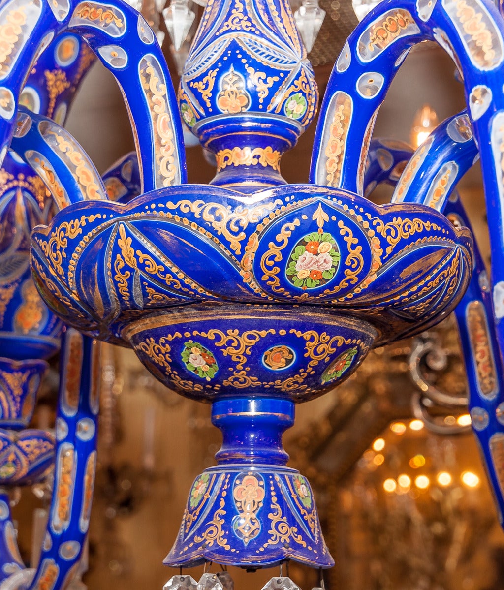 Czech Bohemian Blue to Clear Overlay Glass Palace Size Twelve-Light Chandelier