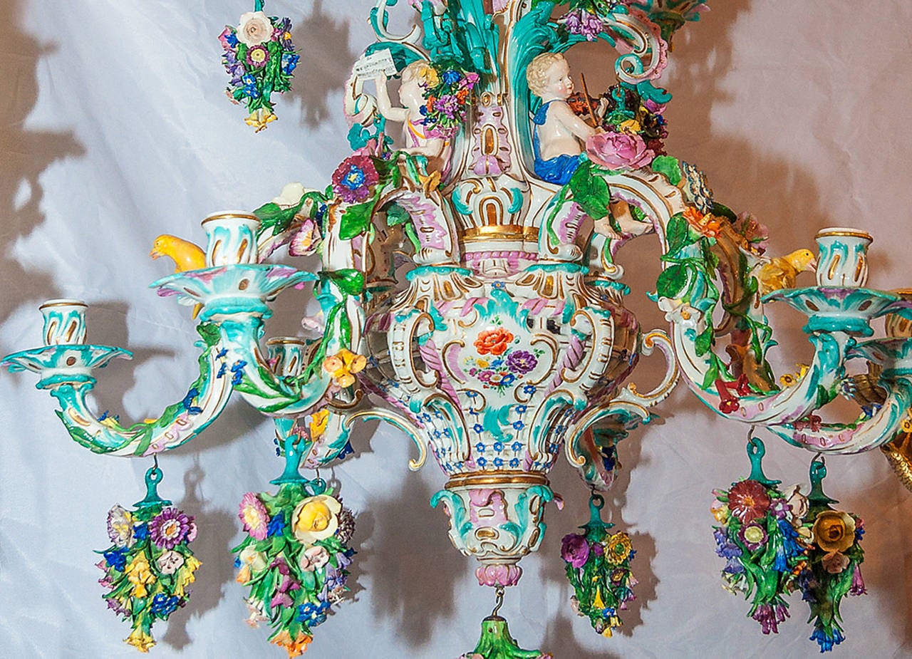 German Two-Tier Meissen Porcelain Chandelier with Birds and Flower Decorations