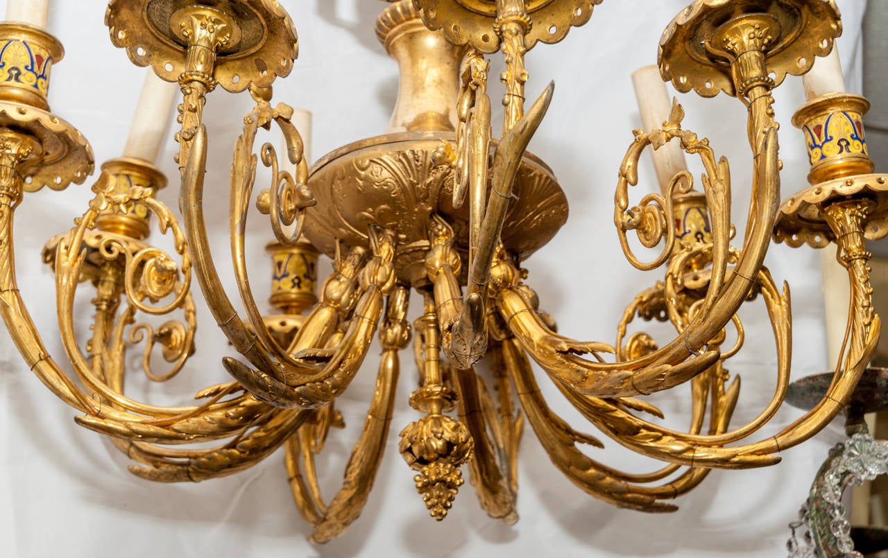 19th Century French Champleve Enamel and Bronze Nine-Light Chandelier In Excellent Condition For Sale In New York, NY