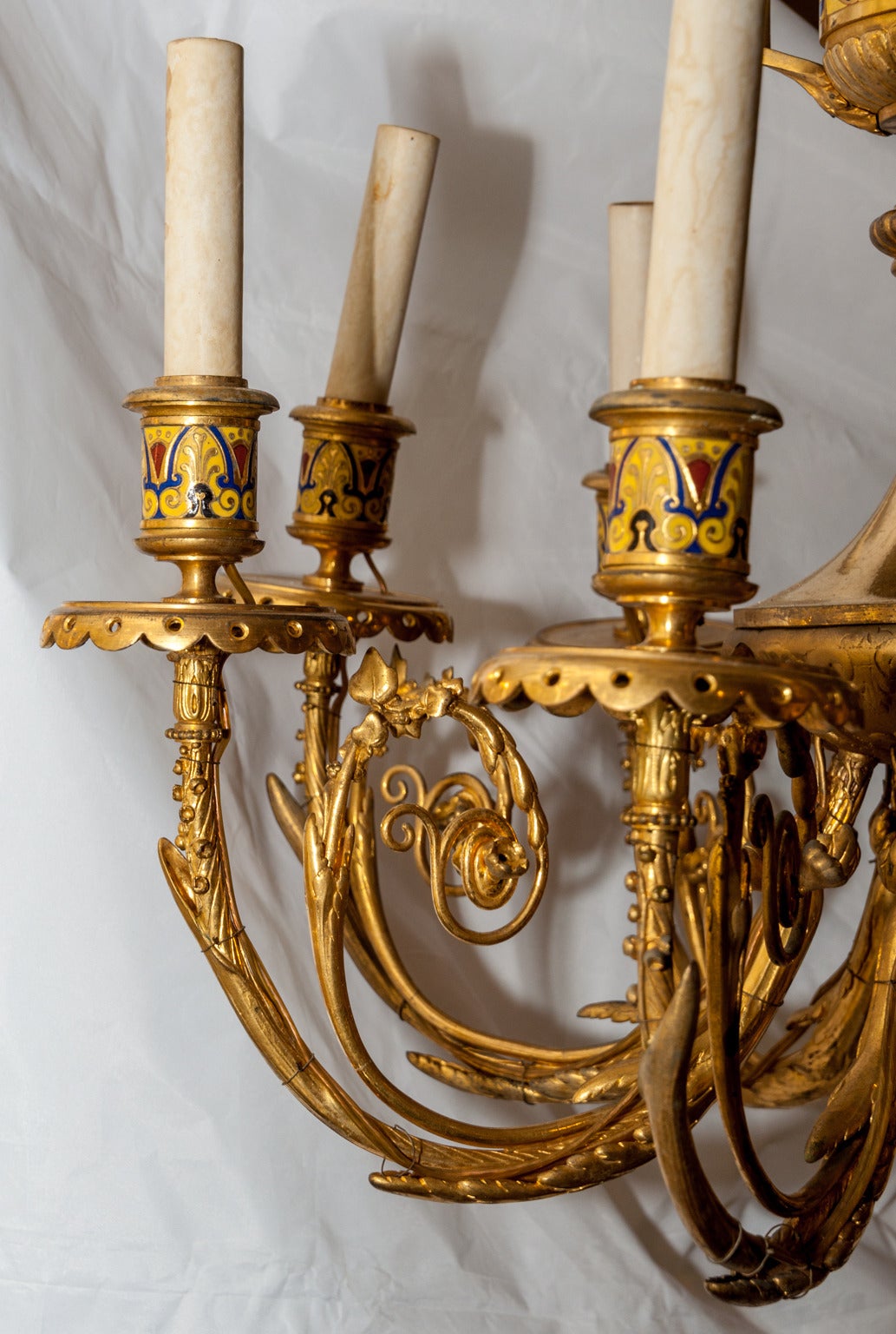 19th Century French Champleve Enamel and Bronze Nine-Light Chandelier For Sale 1