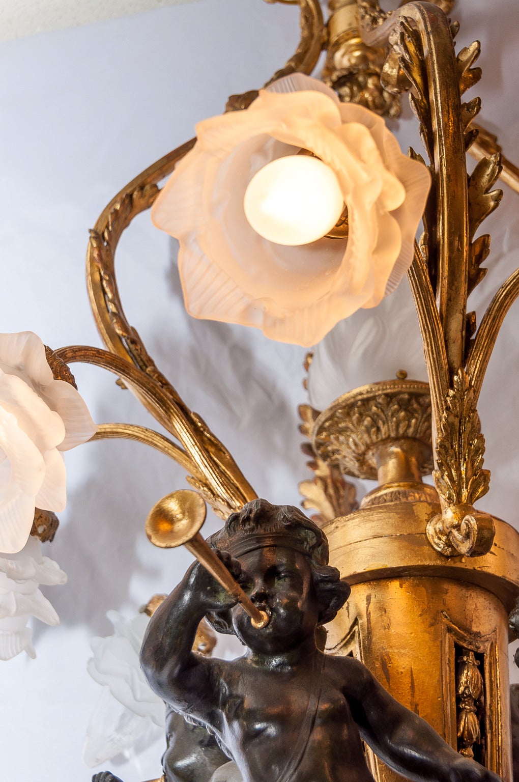 French Patinated and Gilt Bronze Eight-Light Figural Cherub Chandelier 1