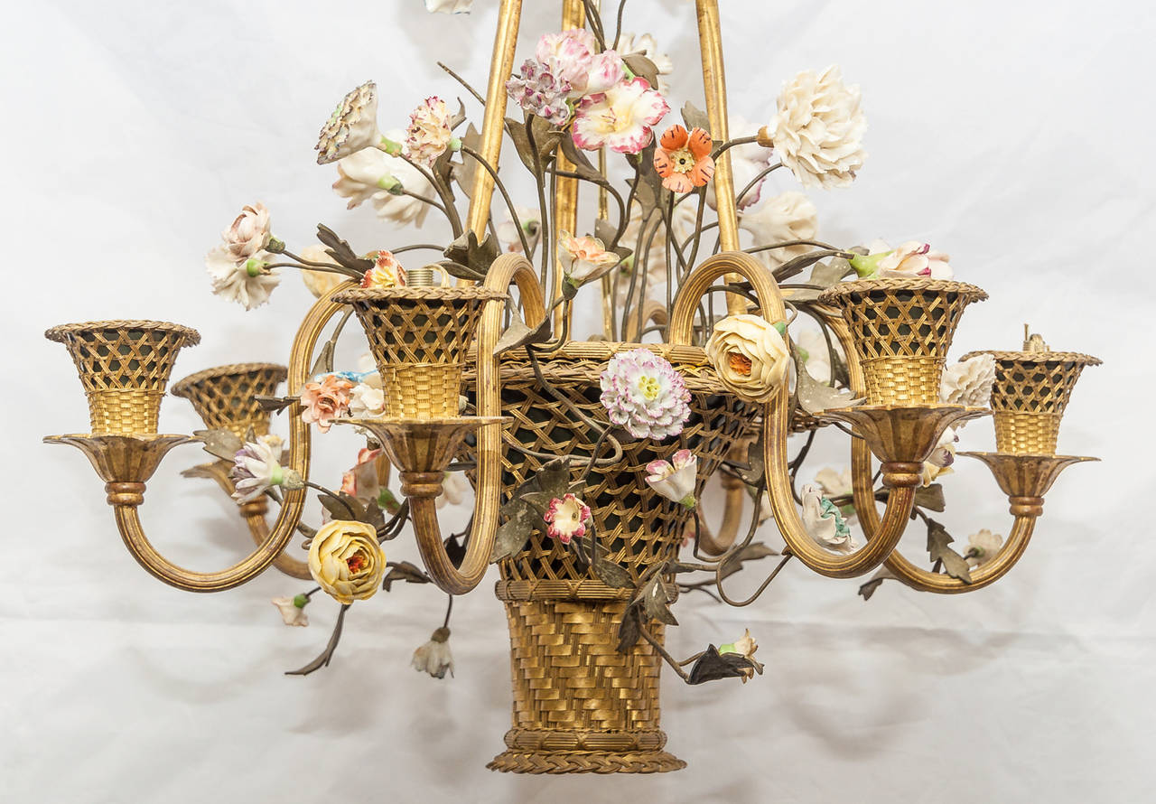 Early 20th century French basket form bronze and porcelain six-light chandelier. Stock number: L191