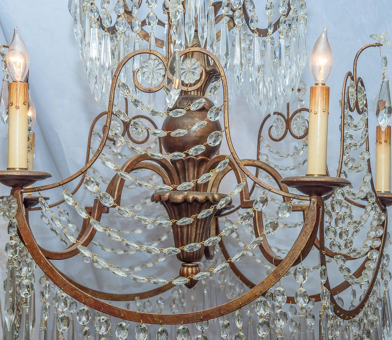 Fine Mid-Century Baltic Style Patinated Metal and Crystal, Five-Light Chandelier In Good Condition In New York, NY