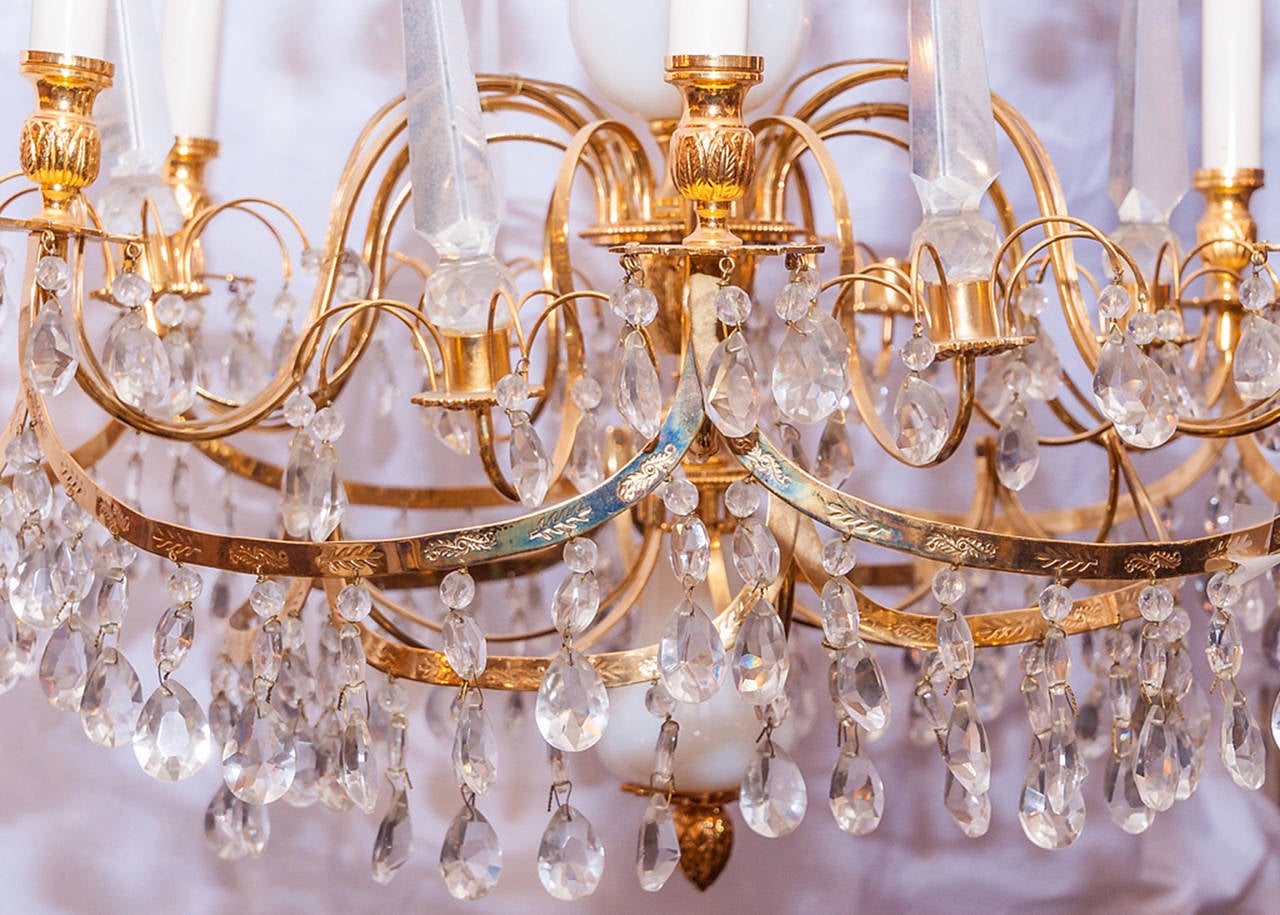 Russian Style White Opaline and Bronze Six-Light Chandelier In Excellent Condition In New York, NY