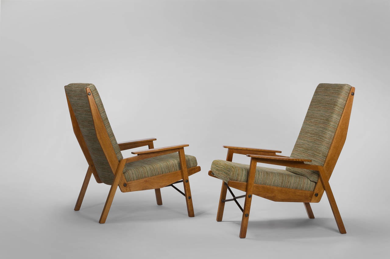 Pair of 1950s A340 Armchairs by René Jean Caillette In Excellent Condition For Sale In New York, NY