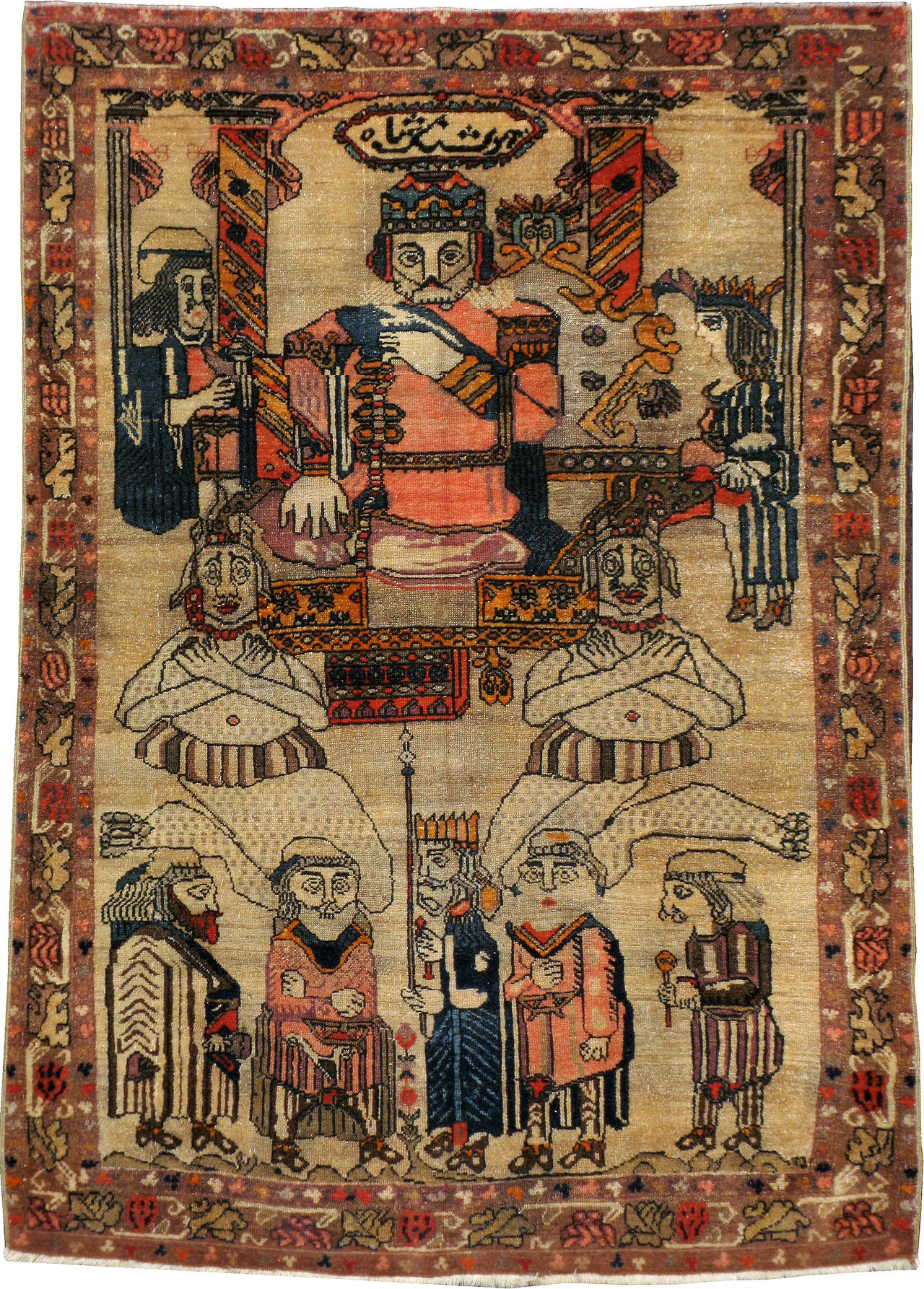An antique Persian, Malayer, pictorial carpet from the turn of the 20th century.