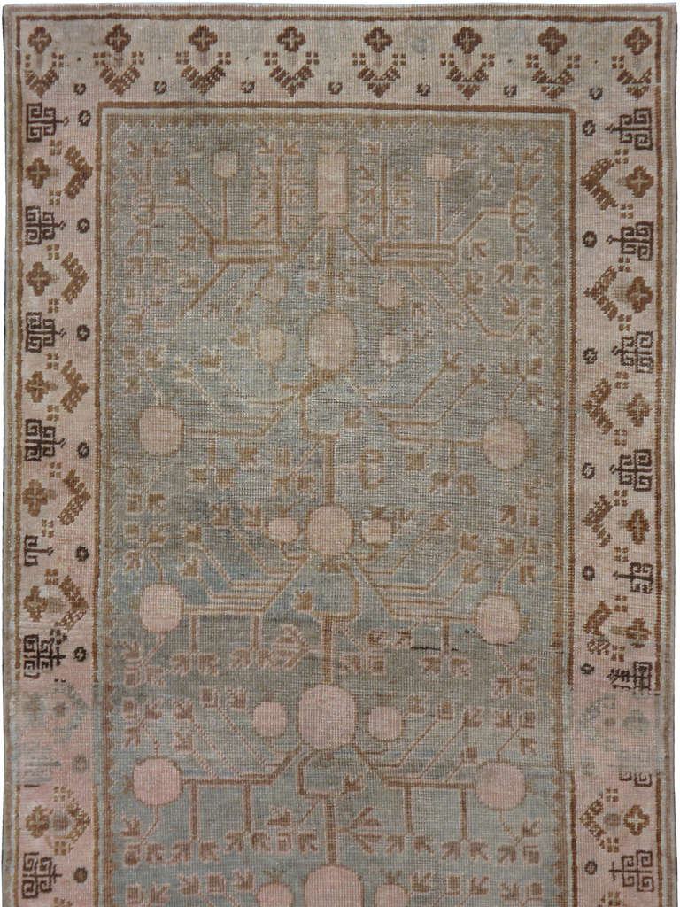 This early 20th century Khotan is a prime example of rugs originating from East Turkestan and Samarkand.  The pomegranate-vase-patterned allover design shows great significance to Kashgar which is considered by natives as the capital or 