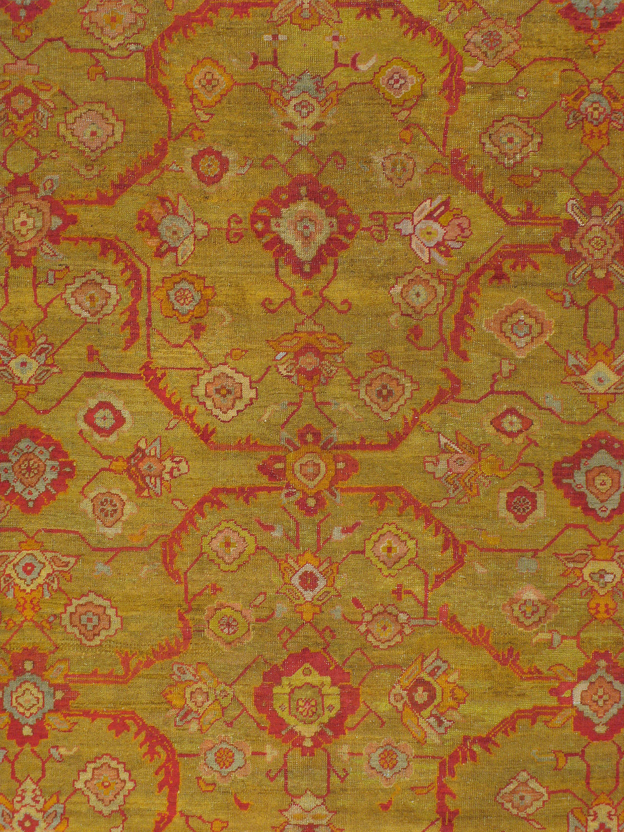 Ein alter türkischer Oushak-Teppich aus dem zweiten Viertel des 20. Jahrhunderts in saurem Grün, 10' x 13' Raumgröße.

Maße: 10' 8