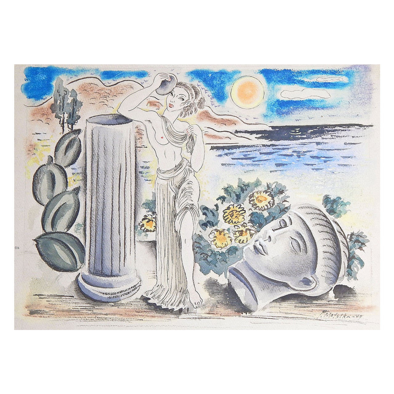"Grecian Nude and Broken Column, " Art Deco/Surrealist Painting by Matulka For Sale