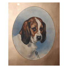 Antique Victorian Watercolour Dog Portrait of a Beagle