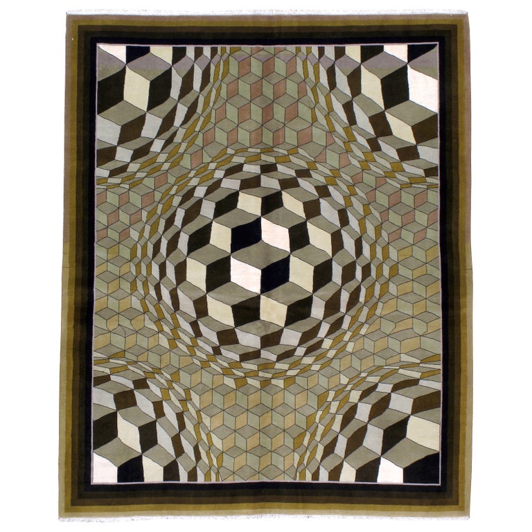 Victor Vasarely Inspired Persian Modernist Tabriz Rug For Sale at
