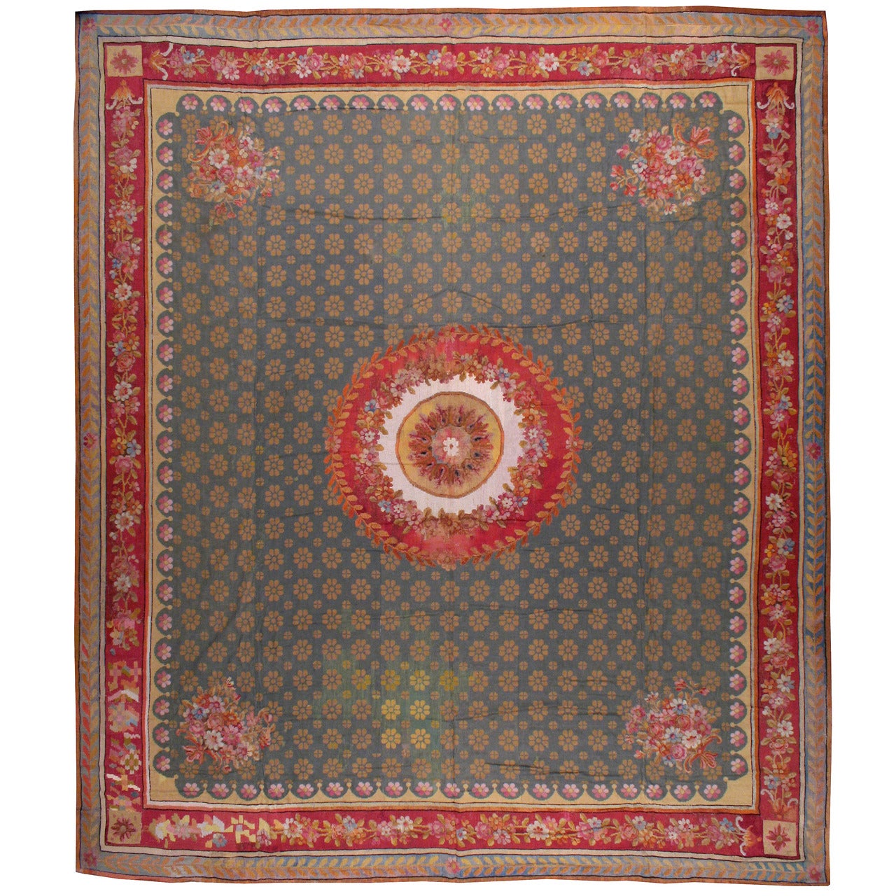 Antique English Needlepoint Rug For Sale
