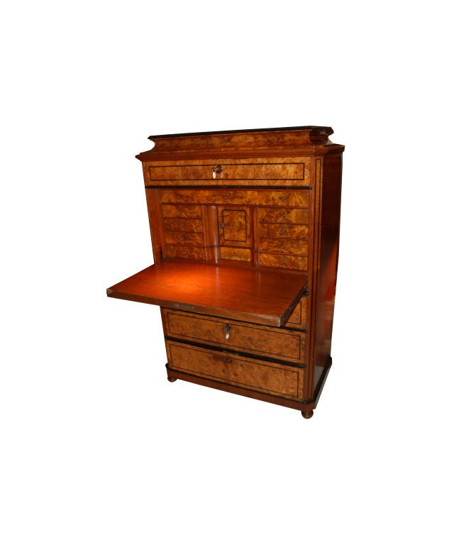 Biedermeier Secretaire- Dark walnut with fall front writing surface, interior drawers, secret compartments and exterior drawers.