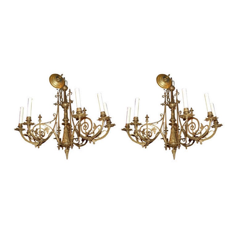 Pair of Brass Chandeliers by Thomas Gruenberg For Sale