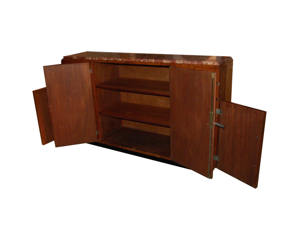 French Art Deco buffet, burl amboyna, engraved Paul Peyron St. Etienne. Two-side drawers above large doors with interior shelves, reddish-brown marble top.