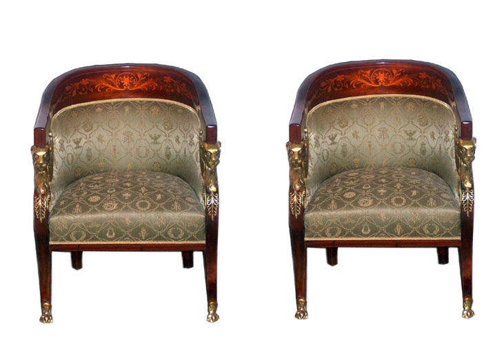 Empire revival loveseat in walnut and inlaid fruitwood, gold on gold patterned fabric, gilt bronze fittings, circa 1890-1910, part of suite with chairs E38-1.