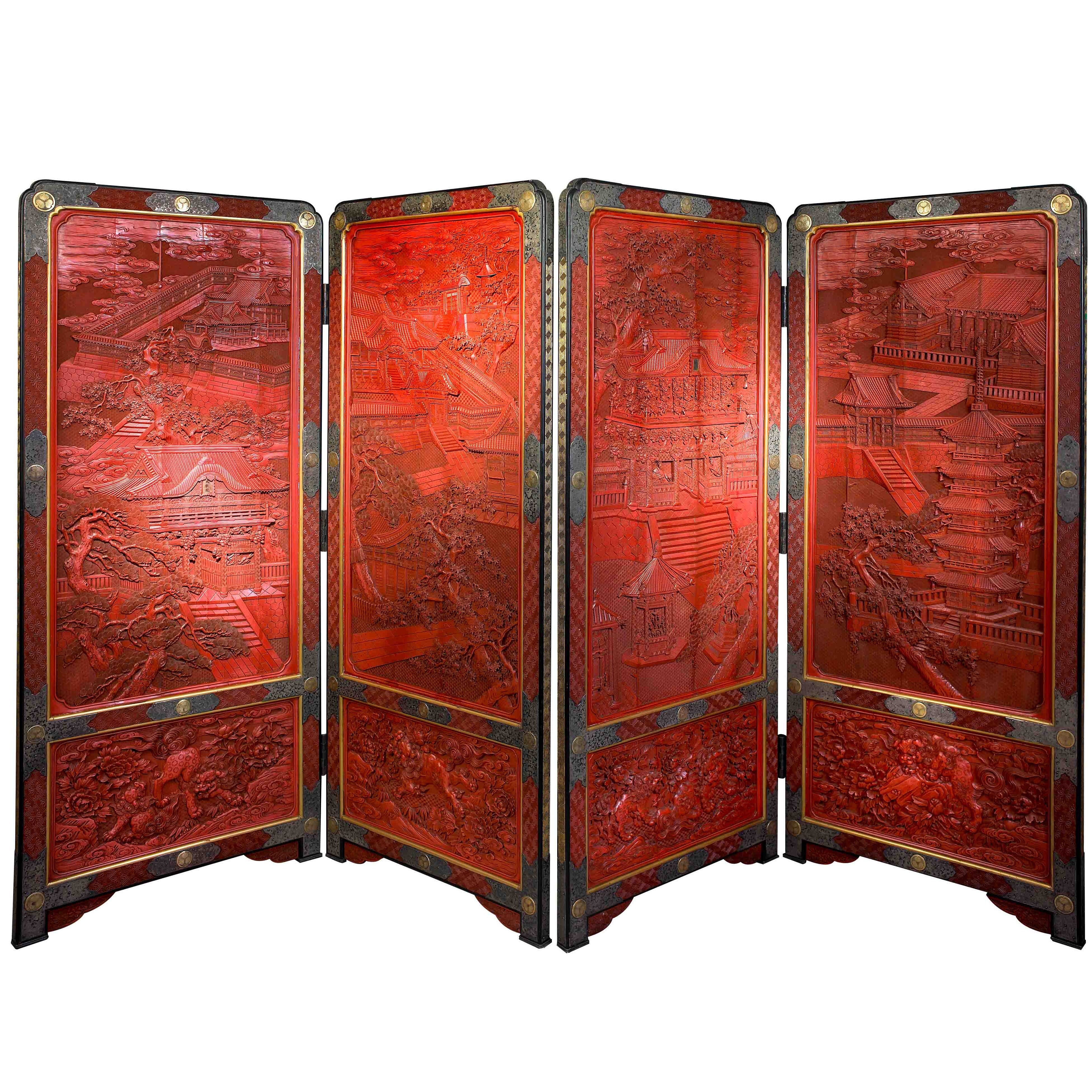 Pair of Carved Red Lacquer Two-Panel Screens