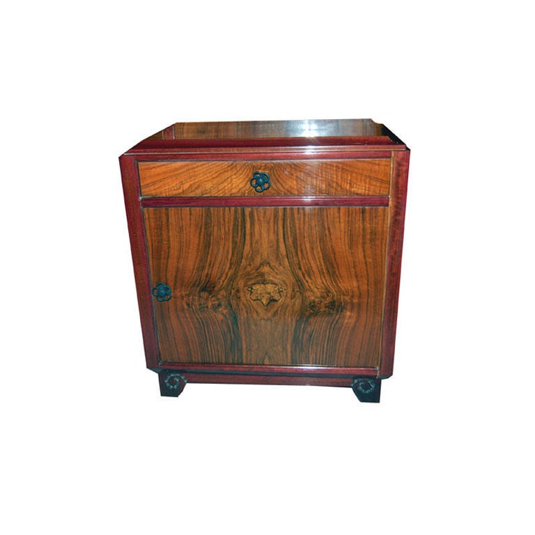 Exotic walnut and cherrywood. “Majorelle Nancy,” France, 1930.
Measures: FD95-1 armoire 79” W x 18” D x 67” H $11,400
FD95-2 nightstand 22” W x 14” D x 24” H $3,600
FD95-3 bed frame 72” W x 105” D x 53” H $4,800

This is for a Full Size mattress. 