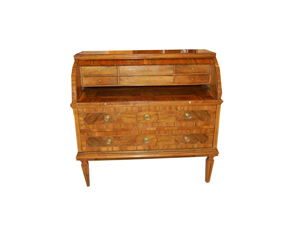 Biedermeier Secretaire in walnut and walnut burl with inlaid lemonwood and mahogany marquetry. Roll top with small interior drawers and pull out writing surface above three large exterior drawers.