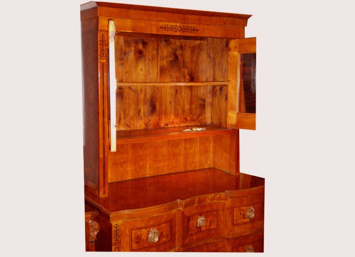 Bookcase-Cabinet, Biedermeier. Walnut, birdseye, ebony, intarsia, 2 doors, 2 drawers, 2 glazed doors, shelves.