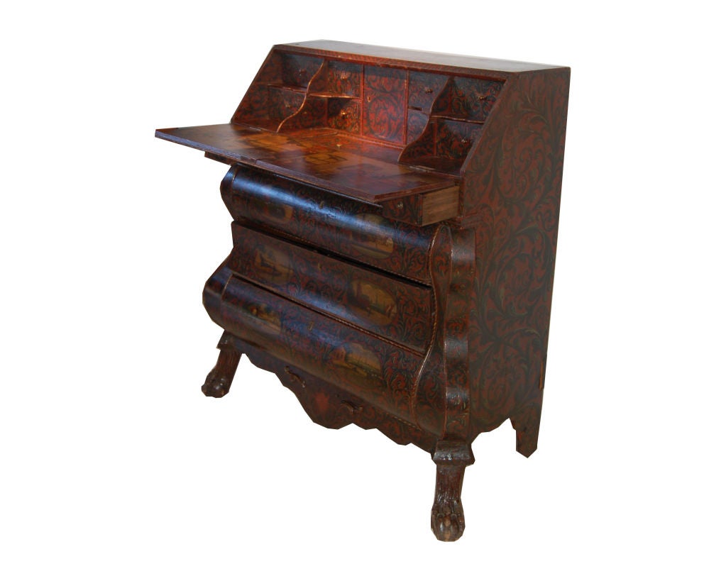 Dutch Bureau/Desk polychrome painted with elaborate scrolls, dutch harbor and country scenes. Fall front writing surface with interior drawers and compartments above three large drawers. original brass hardware and keys.