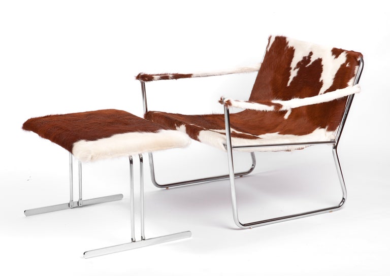 Sharp-looking, sling-style lounge chair and matching ottoman with polished chrome frame and Brazilian cowhide upholstery, circa mid to late 1960s. Wonderfully comfortable, timeless style. Attributed to Ralph Rye.