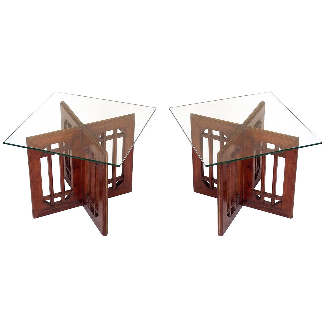Pair of Vintage X-Base Side Tables in Wood with Brass Trim Detail, 1960s 