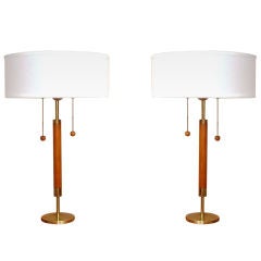 1950s Walnut and Brass Modernist Stick Lamps with Drum Shades