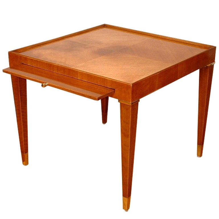 Lacquered Mahogany End Table with Pull-Out Tray