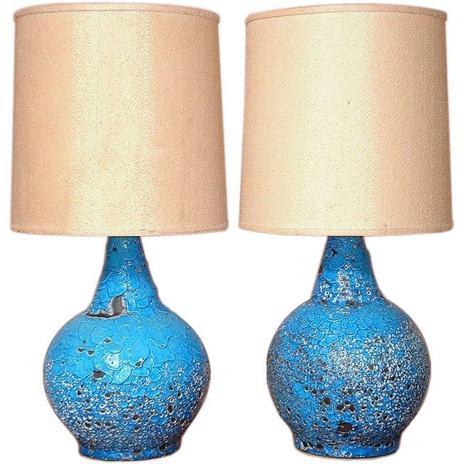 A Pair of  Turquoise Lava Glaze Ceramic Lamps