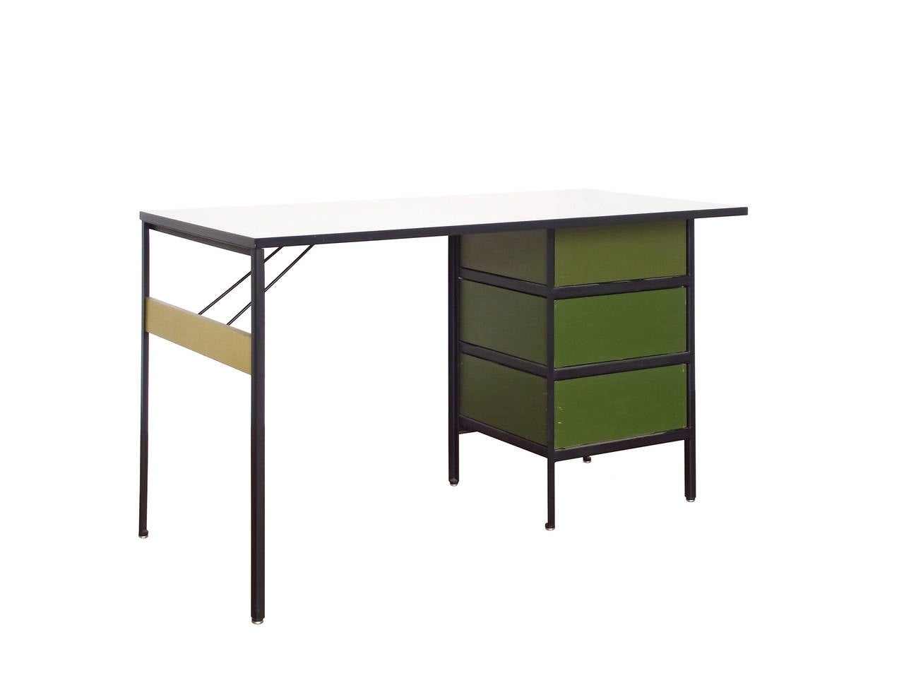 An original steel frame desk designed by George Nelson and produced by Herman Miller from 1954-1966. Comprises an exoskeleton frame in bent and enameled iron, a bank of three drawers at left with sculptural, polished chrome handles, and a white