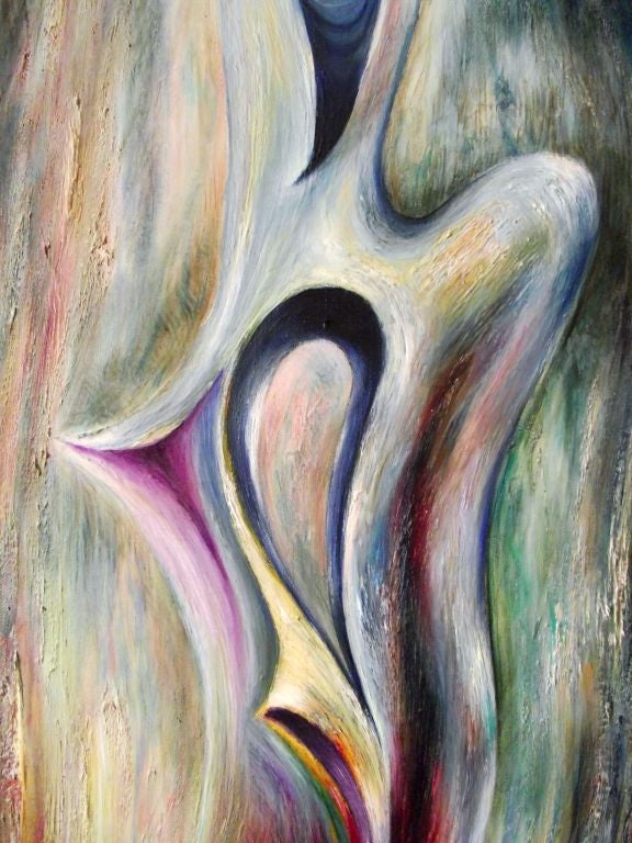 An original oil on canvas by Swiss-born, NYC-based Art Deco designer and painter, Hugo Gnam (1899-1997). Gnam was trained in Zurich and briefly worked for Joseph Urban, the two having collaborated on a showroom at the Metropolitan Museum of Art.