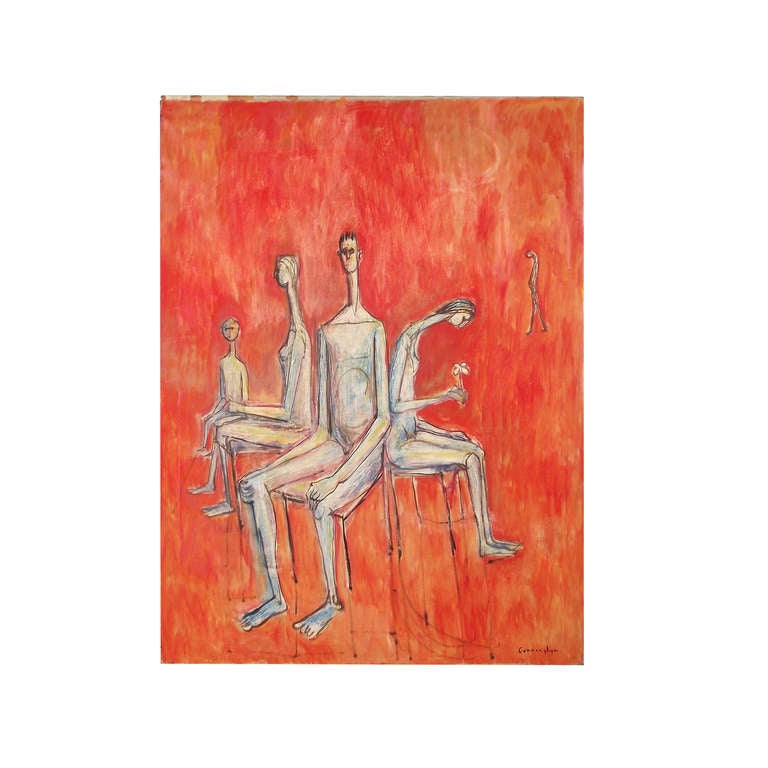 A midcentury oil painting on canvas circa 1960 depicting highly-stylized figures in the manner of Alberto Giacometti. This is a nicely executed work that juxtaposes the somber existentialism of Giacometti with a counterintuitively optimistic