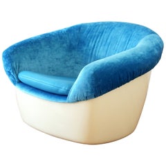 Modernist Lounge Chair in Fiberglass, Blue Velvet and Leather, 1960s