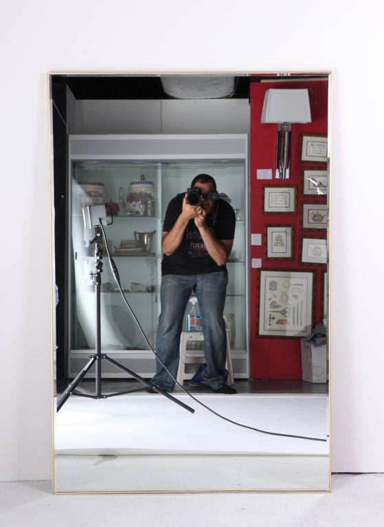 Plated 1950s Beveled Edge Mirror in Thin Brass Frame