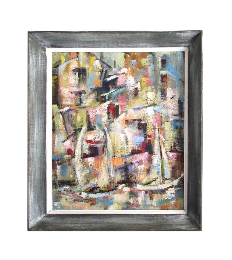 Modern 1960 Maritime Scene, Abstract Oil Painting, Signed