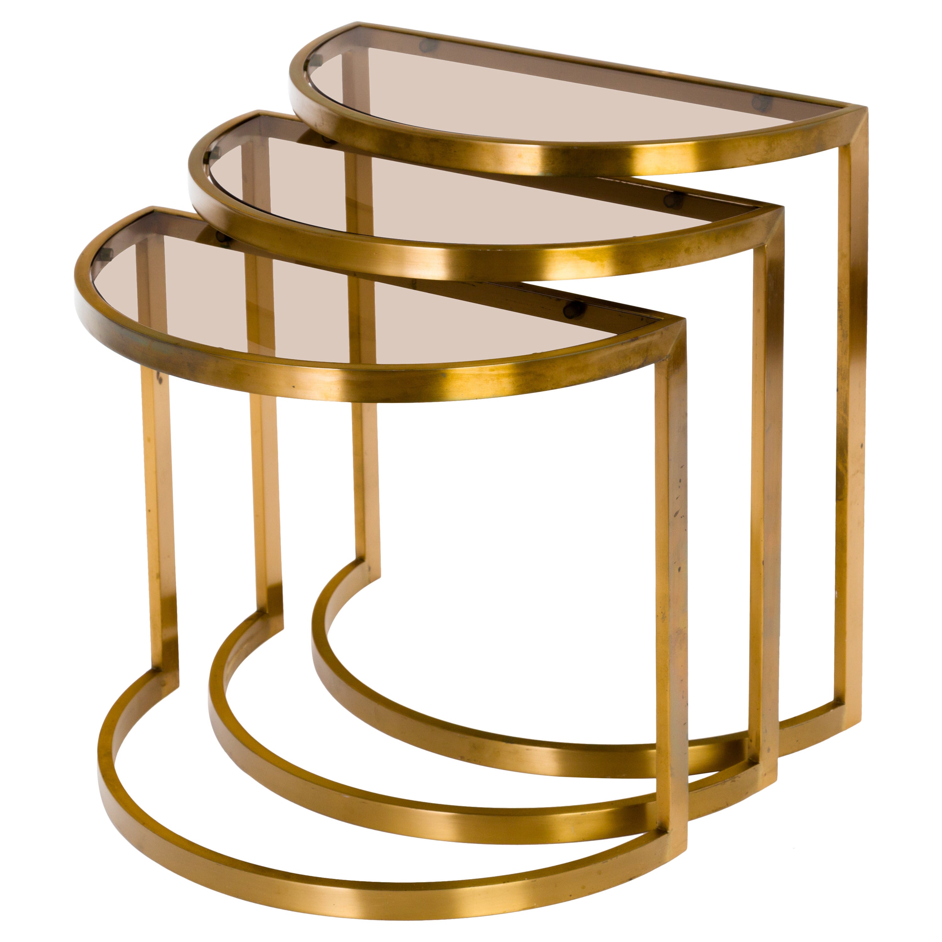 Set of Three 1960s Modern Nesting Tables in Brass and Glass