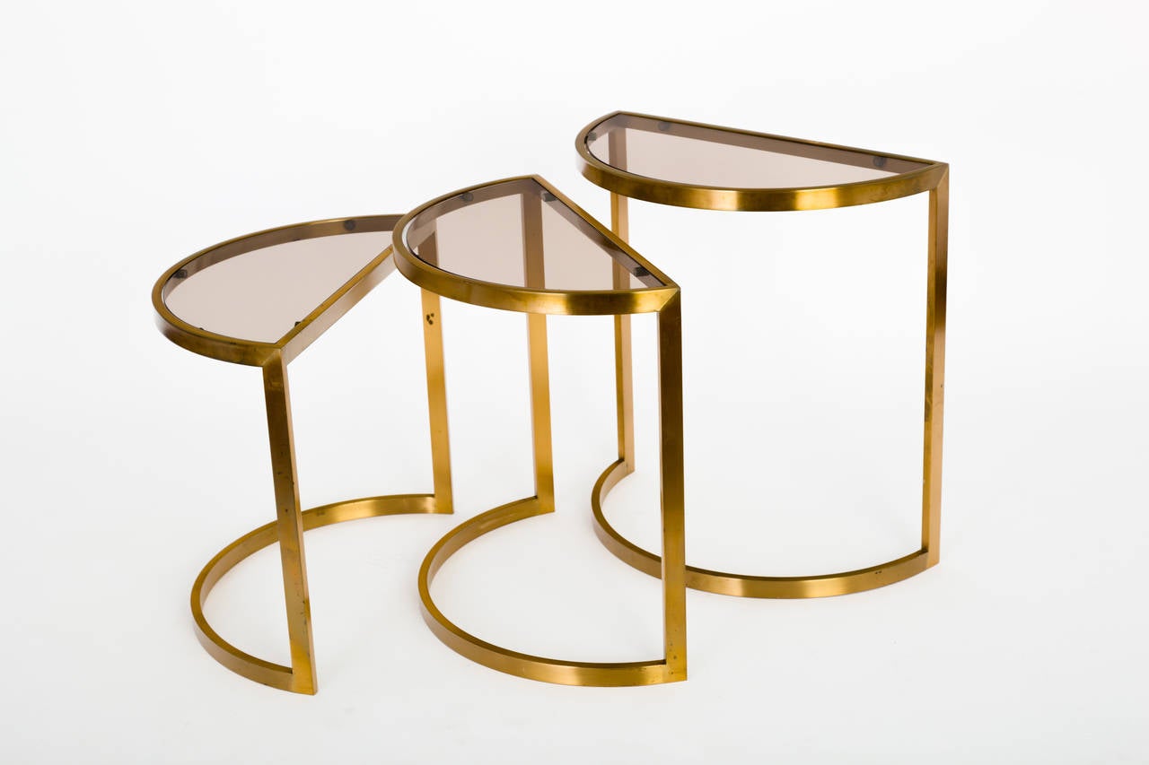 American Set of Three 1960s Modern Nesting Tables in Brass and Glass