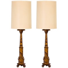 Retro Tall Pair of Wood Baluster Form Lamps with Oil Drip Lacquered Finish, 1950s