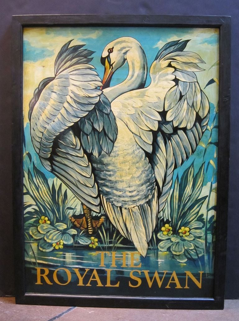 An authentic English pub sign (one-sided) featuring a painting of a swan at the water's edge, entitled: The Royal Swan

A very fine example of vintage advertising artwork, ready for display.