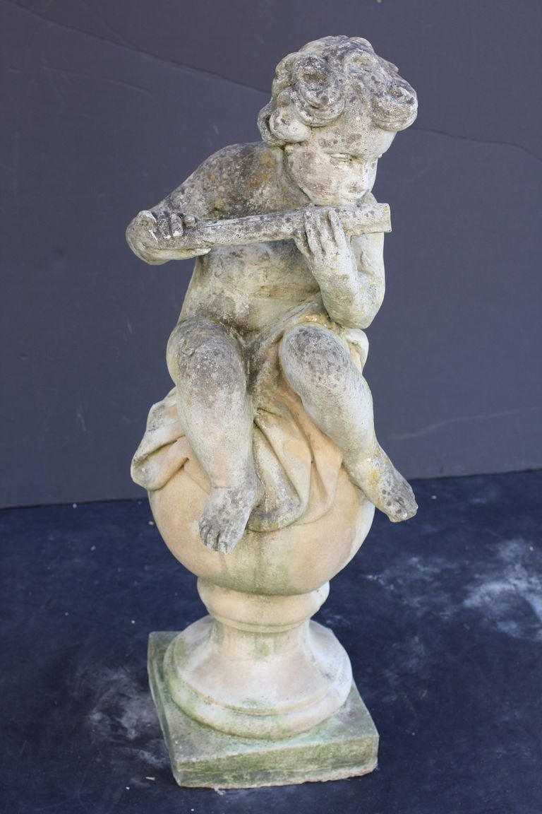 British English Garden Stone Figure of a Child Playing Flute