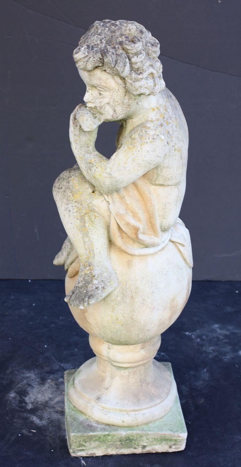English Garden Stone Figure of a Child Playing Flute In Excellent Condition In Austin, TX