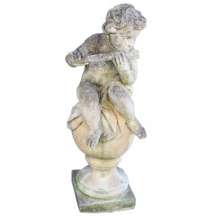 Antique English Garden Stone Figure of a Child Playing Flute