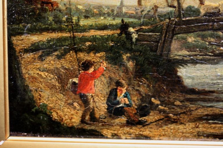 English Oil Painting of Boys Fishing by D. Cox In Excellent Condition In Austin, TX