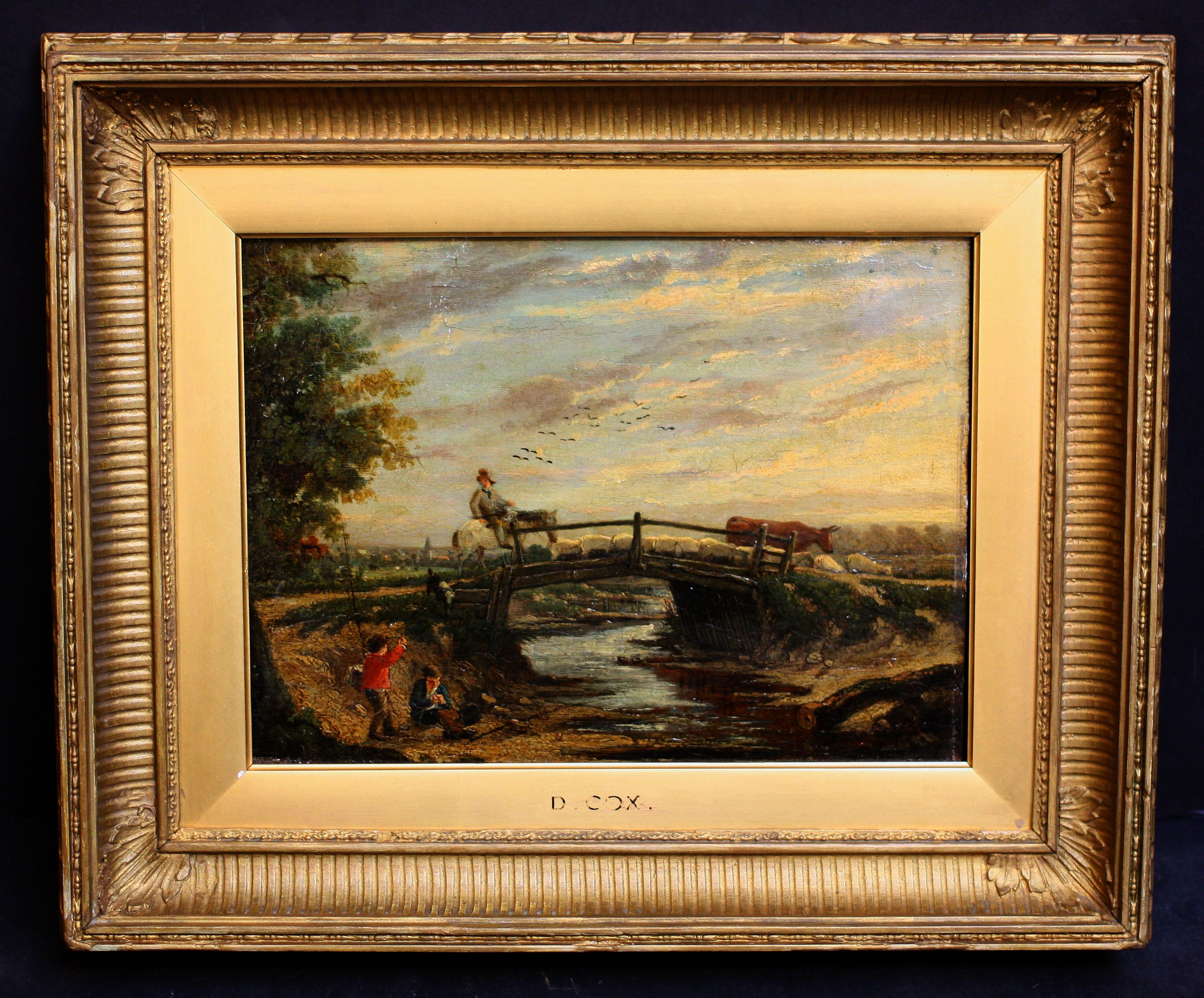 English Oil Painting of Boys Fishing by D. Cox