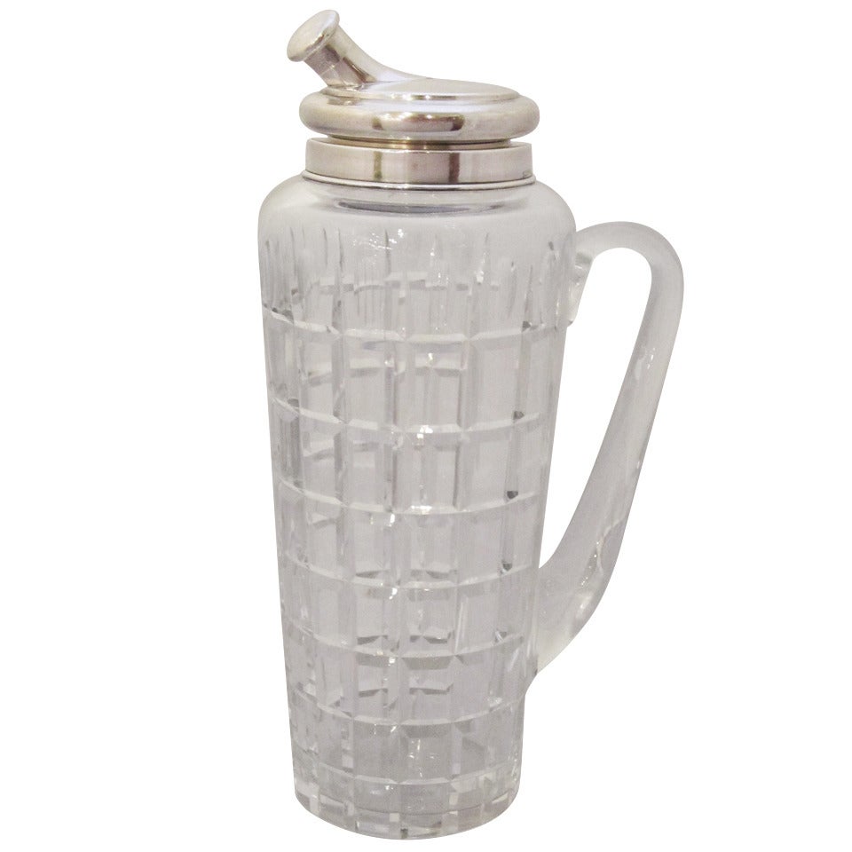 English Large Cocktail Shaker of Sterling Silver and Cut Glass