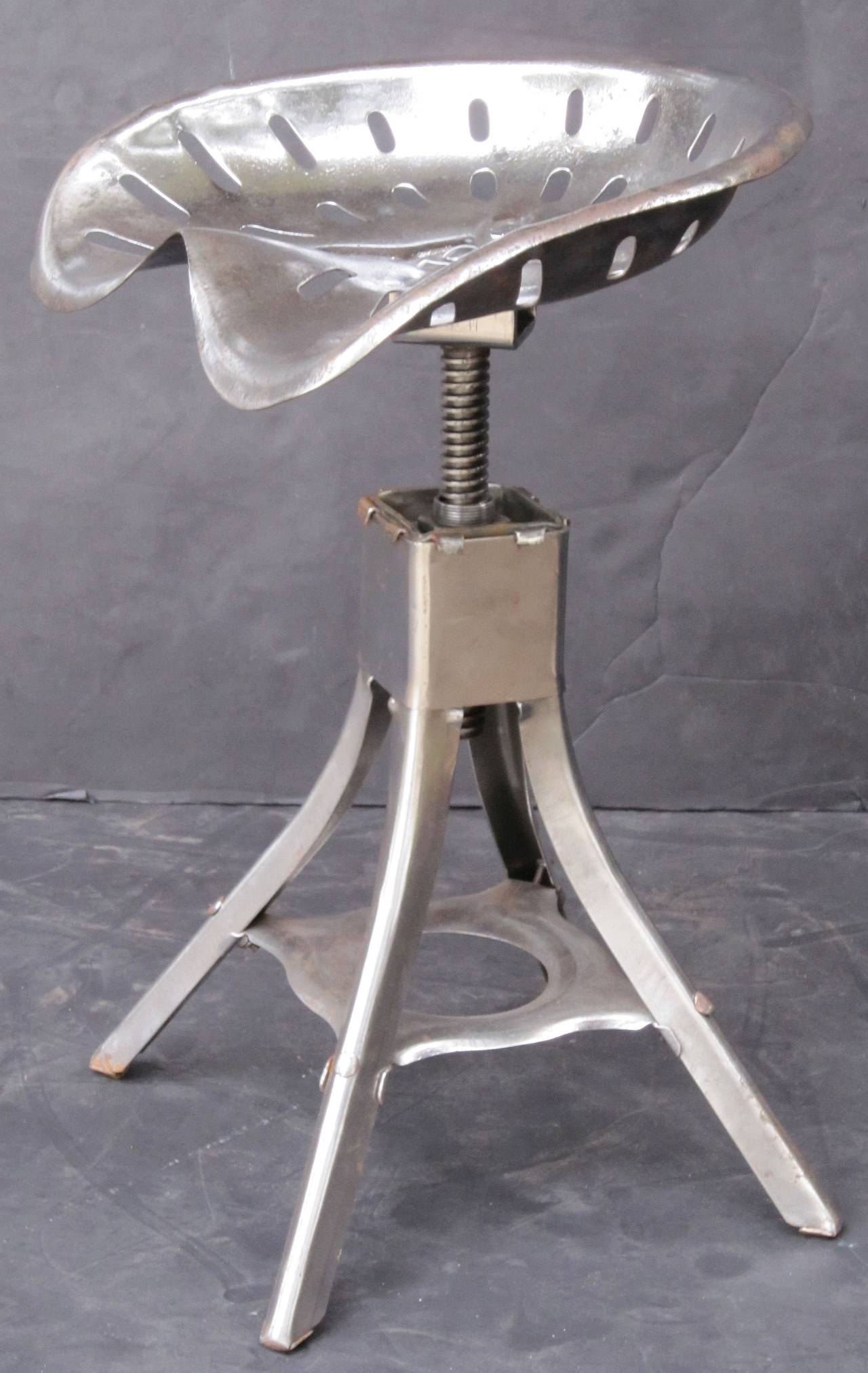 Industrial Tractor Seat Stool of Polished Steel from England For Sale