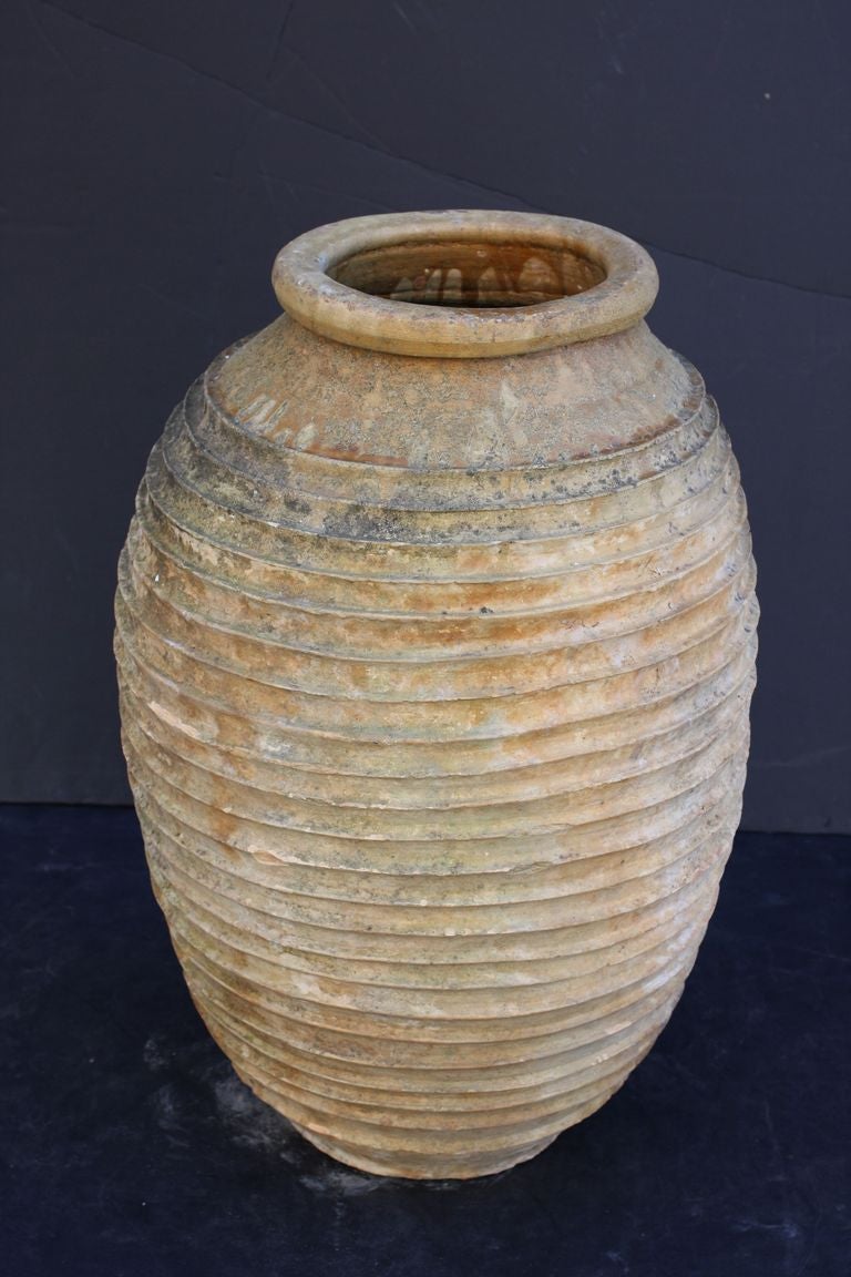 A handsome large Greek garden urn pot or oil jar, featuring a glazed top over a ridged, cylindrical body and functional as a garden ornament or planter.

Three similarly-styled pots available.

This pot's dimensions:

H 33