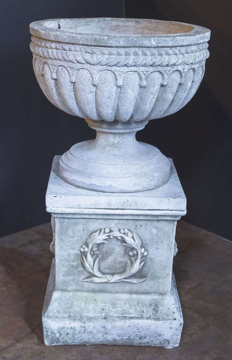 Pair of Large English Garden Stone Urns on Plinths (Priced as a Pair) In Excellent Condition In Austin, TX