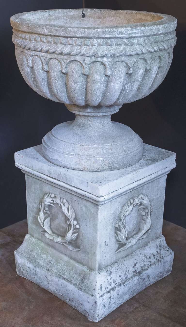 Pair of Large English Garden Stone Urns on Plinths (Priced as a Pair) 1